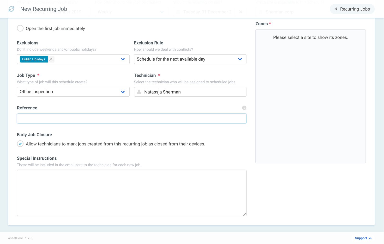 Assetpool Recurring Job Technician permissions